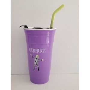 Beetlejuice Silver Buffalo Lidded Cup With Straw 2021 Ghost With the Most 8"